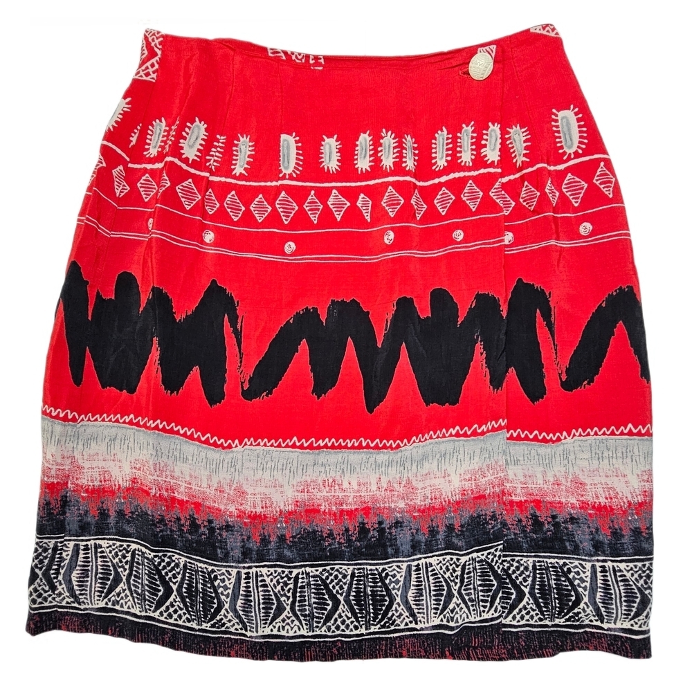 Vintage Russell Kemp New York Patterned Red and Black A-Line Wrap Skirt